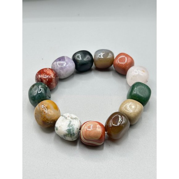 Chunky Semi Precious Stones Bracelet Stretch Beaded Colorful Summer Jewelry - Picture 2 of 8